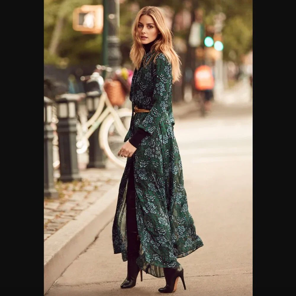 Banana Republic Olivia Palermo Green & Blue Floral Neck-Tie Maxi Shirtdress S - Picture 2 of 8